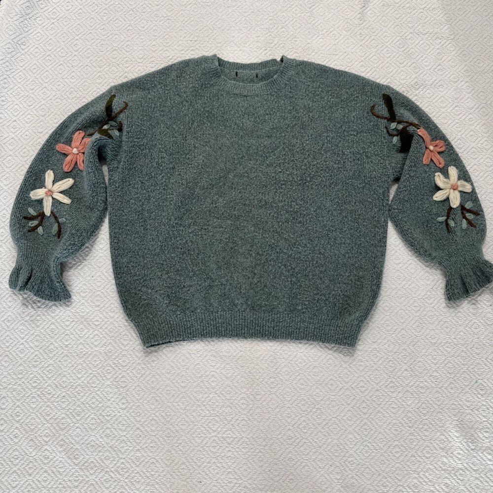See and Be Seen Floral Days Embroidered Sweater in Seafoam Crew Neck Oversize 1X